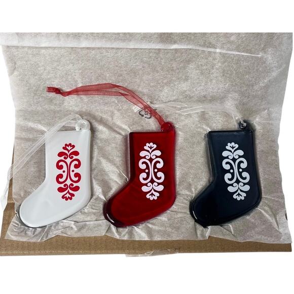 NEW Set (3) GLASS CHRISTMAS STOCKINGS Red White Gray Holiday Decor Vinterfint - Picture 2 of 5